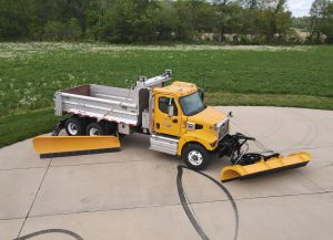 Aerial view of a truck with the 11 foot rear mounted wing