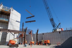 Beams being lowered into place for the University of Michigan Center for Innovation